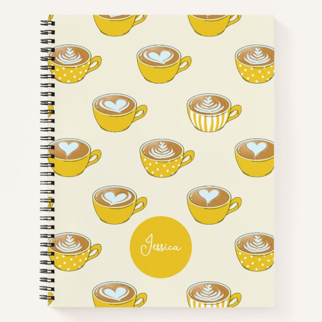 Cute Latte Art in Yellow Coffee Mugs Pattern Notebook (Front)