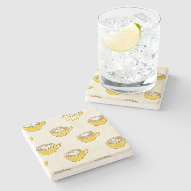 Cute Latte Art in Yellow Coffee Mugs Pattern Stone Coaster (Side)