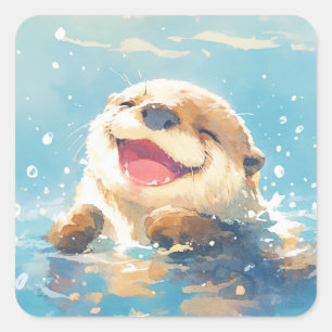Cute Laughing Baby Otter Splashing in Water Square Sticker