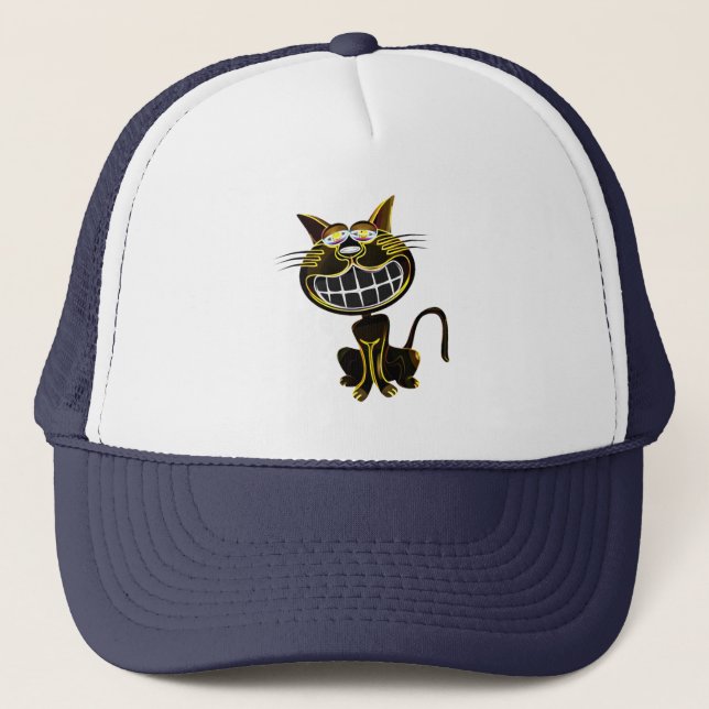 CUTE LAUGHING BLACK AND BRIGHT YELLOW CAT TRUCKER HAT (Front)