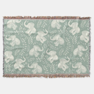 Cute Laughing Elephants in Cream and Sage Green Throw Blanket