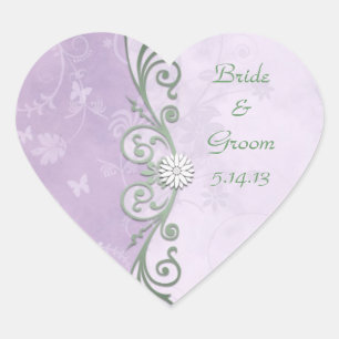 Cute Lavender and Green Wedding Heart Sticker