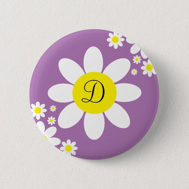 Cute Lavender and White Daisy Single Initial 2 Inch Round Button (Front)