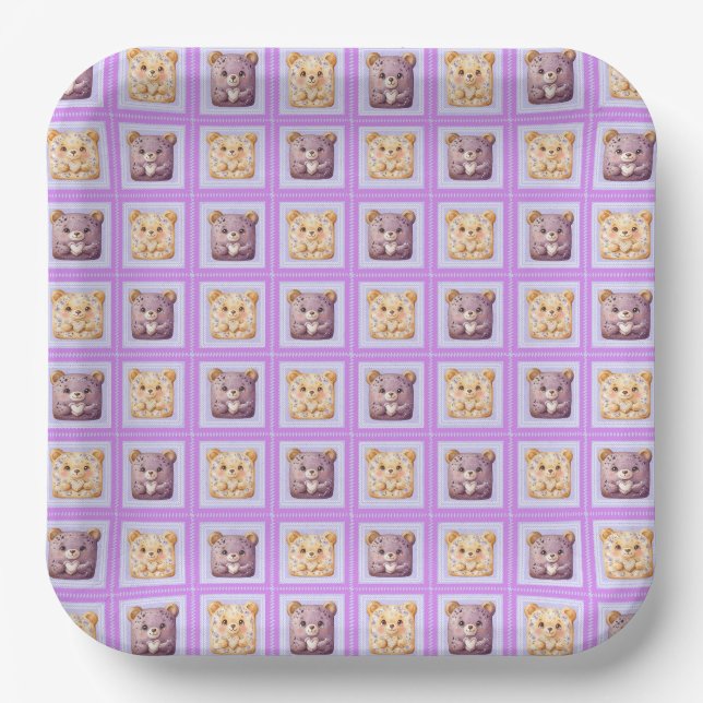 Cute Lavender Blueberry Patchwork cookie Bear Paper Plate (Front)