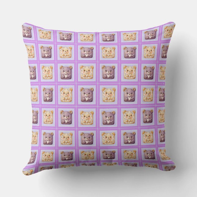Cute Lavender Blueberry Patchwork cookie Bear Throw Pillow (Back)