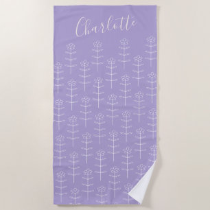 Cute Lavender Floral Line Art Personalized Beach Towel