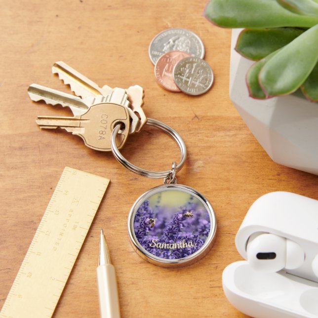 Cute Lavender Flowers Bees With Name Keychain (Desk)