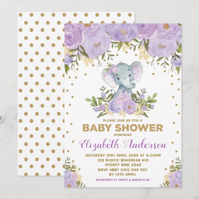 Cute Lavender Gold Floral Elephant Baby Shower Invitation (Front/Back)