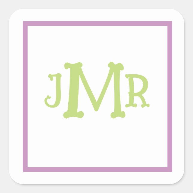 Cute Lavender & Green Monogram Initials square Sticker (Front)