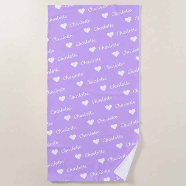 Cute Lavender Name Heart Pattern Bath Beach Towel (Front)