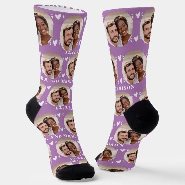 Cute Lavender Newlyweds Photo Wedding Socks (Angled)