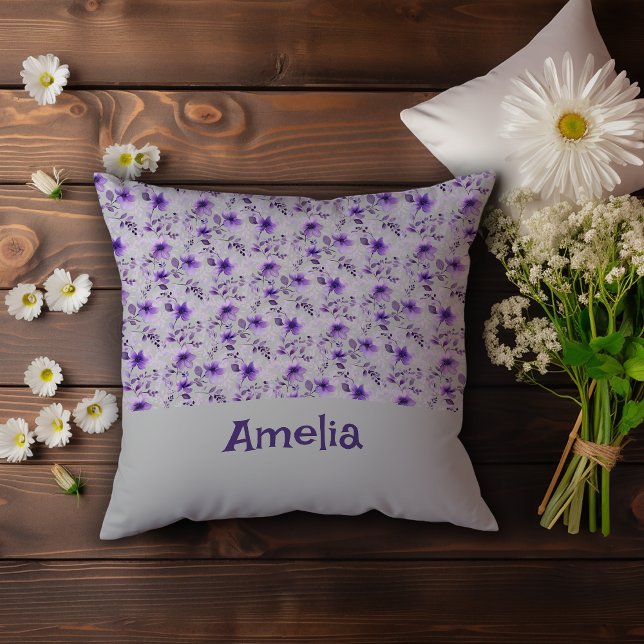 Cute lavender pattern watercolor flower name grey throw pillow (Creator Uploaded)