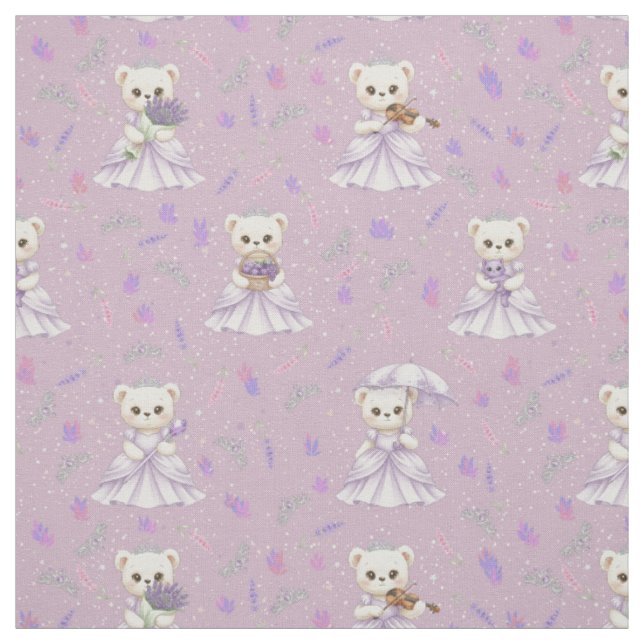 Cute Lavender Princess Bear Pattern Fabric (Swatch)
