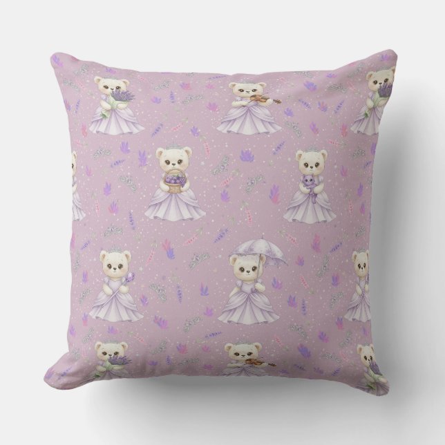 Cute Lavender Princess Bear Pattern Throw Pillow (Front)