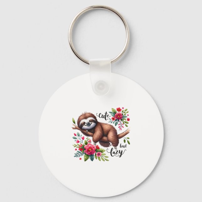 Cute Lazy Sloth Flowers Keychain (Front)