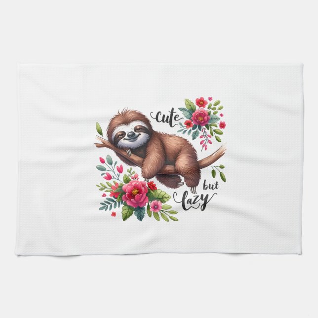 Cute Lazy Sloth Flowers Kitchen Towel (Horizontal)