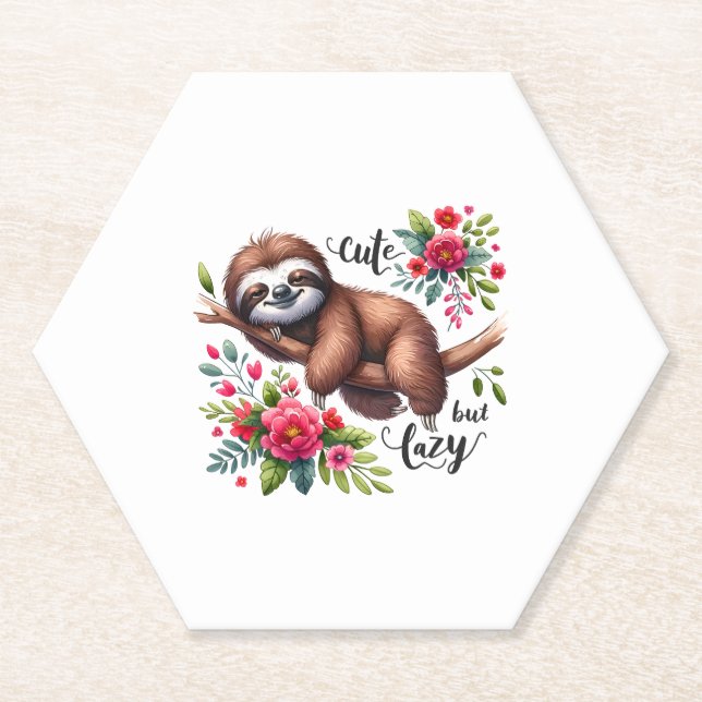 Cute Lazy Sloth Flowers Paper Coaster (Front)
