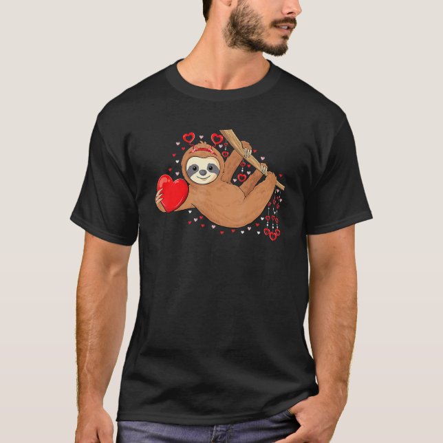 Cute Lazy Sloth Holding Heart Love Sloth Valentine T-Shirt (Front)