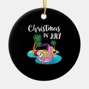 Cute Lazy Sloth On Flamingo Float Christmas Ceramic Ornament