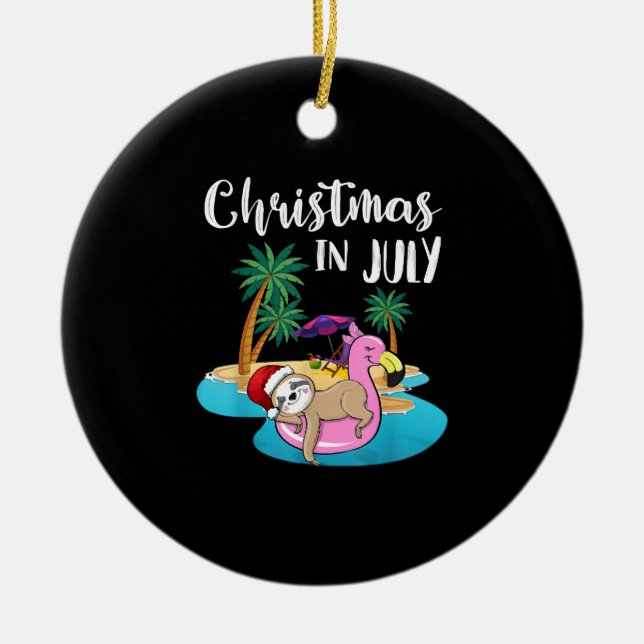 Cute Lazy Sloth On Flamingo Float Christmas Ceramic Ornament (Front)
