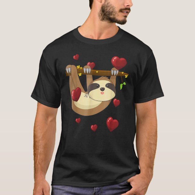 Cute Lazy Sloth Valentines Day Love Heart T-Shirt (Front)