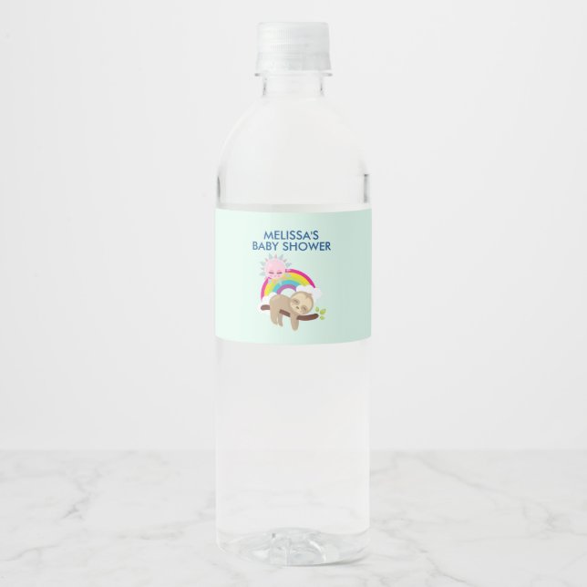 Cute Lazy Sloth with Sun & Rainbow Baby Shower Water Bottle Label (Front)