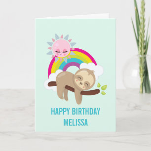 Cute Lazy Sloth with Sun & Rainbow Birthday Card
