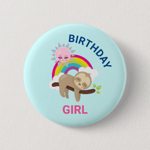 Cute Lazy Sloth with Sun & Rainbow Birthday Girl 2 Inch Round Button