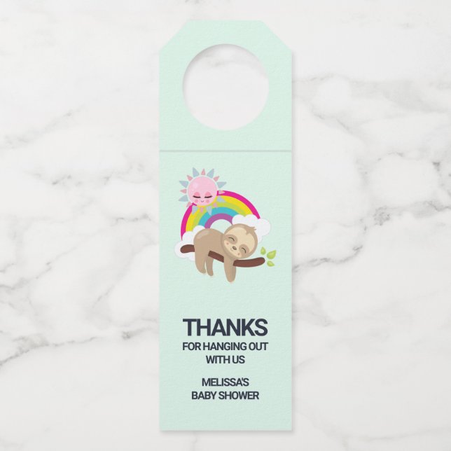 Cute Lazy Sloth with Sun & Rainbow Bottle Tag (Front)