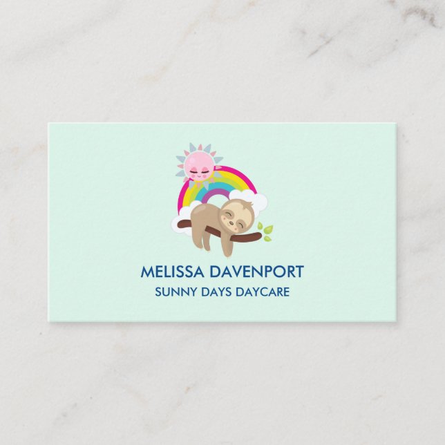Cute Lazy Sloth with Sun & Rainbow Business Card (Front)