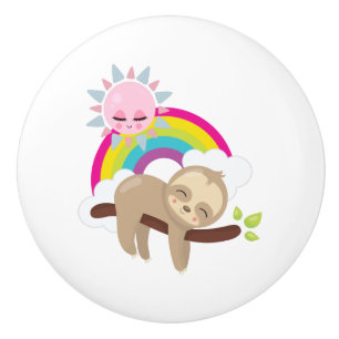 Cute Lazy Sloth with Sun & Rainbow Ceramic Knob