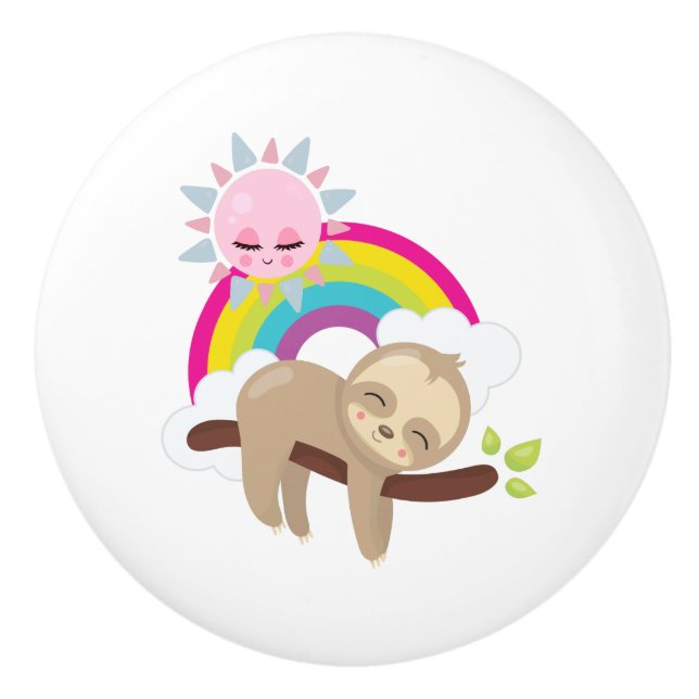 Cute Lazy Sloth with Sun & Rainbow Ceramic Knob (Front)