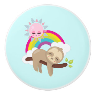 Cute Lazy Sloth with Sun & Rainbow Ceramic Knob