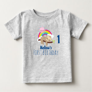 Cute Lazy Sloth with Sun & Rainbow First Birthday Baby T-Shirt