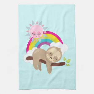 Cute Lazy Sloth with Sun & Rainbow Kitchen Towel