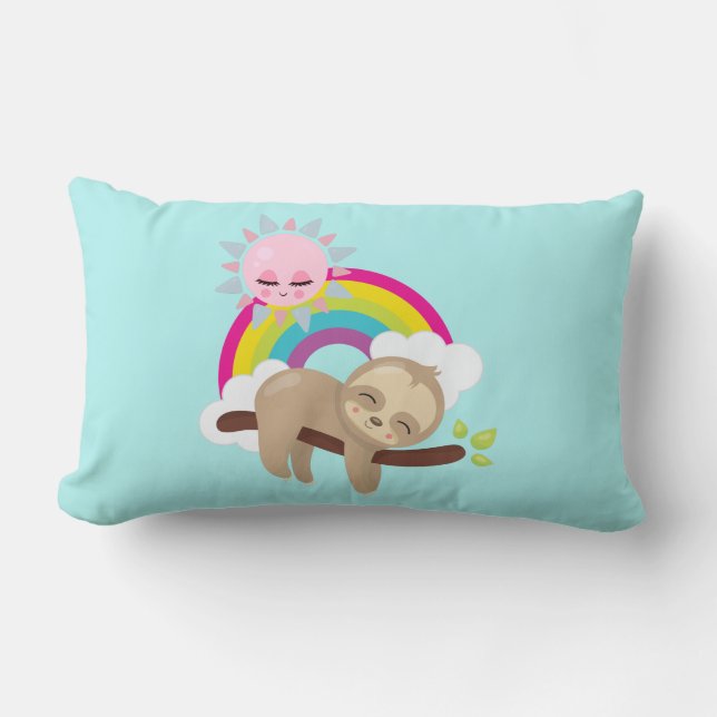 Cute Lazy Sloth with Sun & Rainbow Lumbar Pillow (Front)