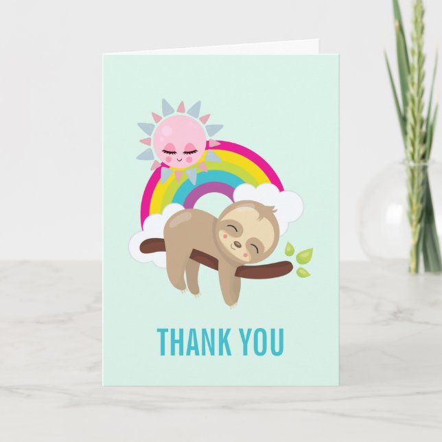 Cute Lazy Sloth with Sun & Rainbow Thank You Card (Front)