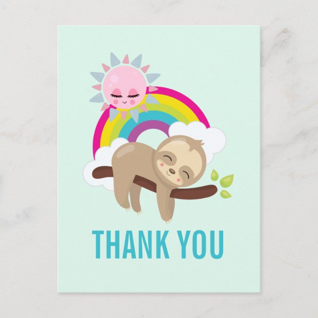Cute Lazy Sloth with Sun & Rainbow Thank You Postcard (Front)