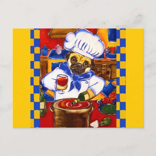 Cute Le Cafe Pug Chef Postcard (Front)