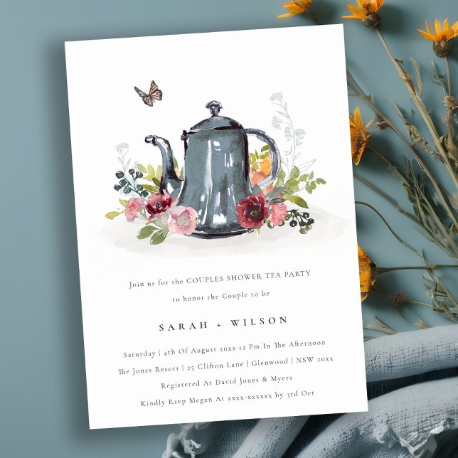 Cute Leaf Rose Floral Teapot Couples Shower Invite (Creator Uploaded)