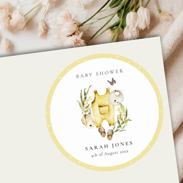 Cute Leafy Foliage Yellow Clothes Baby Shower Classic Round Sticker (Creator Uploaded)