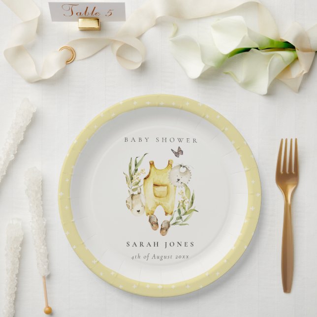 Cute Leafy Foliage Yellow Clothes Baby Shower Paper Plate (Wedding)