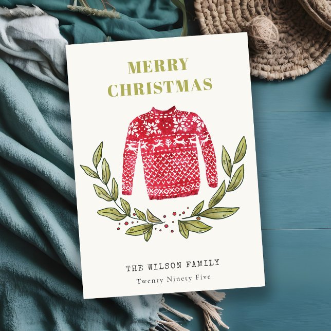 Cute Leafy Red Green Ugly Sweater Christmas Winter Holiday Card (Creator Uploaded)