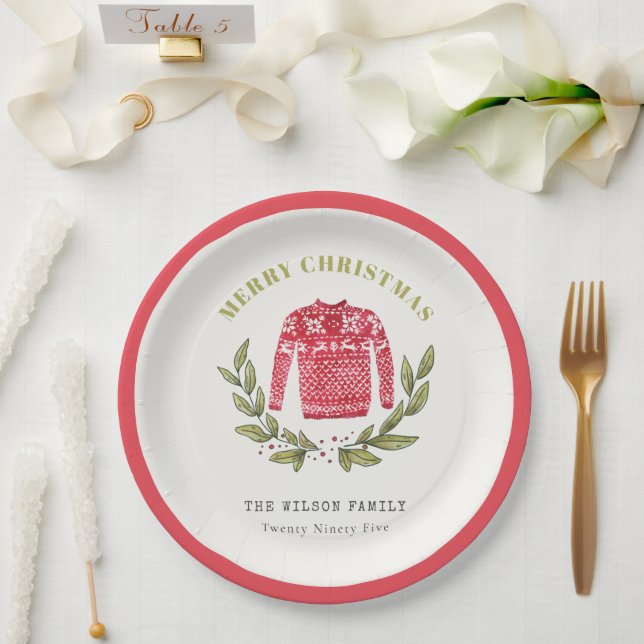 Cute Leafy Red Green Ugly Sweater Christmas Winter Paper Plate (Wedding)