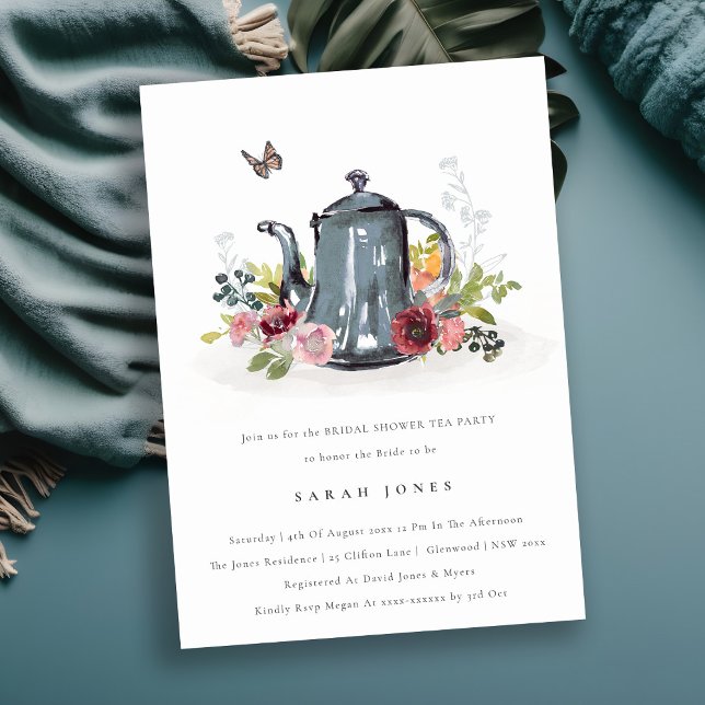 Cute Leafy Rose Floral Teapot Bridal Shower Invite (Creator Uploaded)