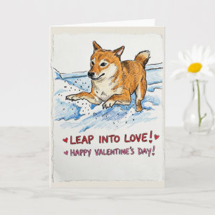 Cute "Leap Into Love" Shiba Inu Valentine's Day Card