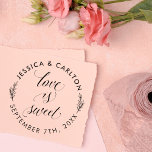 Cute Leaves Love Is Sweet Round Wedding Thank You Self-inking Stamp<br><div class="desc">To customize these botanical themed stamps replace our text with your names and your wedding date. Featuring "Love is Sweet" in a chic calligraphy script with flourishes, with simple curved text and hand-drawn leaves placed around it. Make your thank you wedding favours look even more unique by stamping them with...</div>
