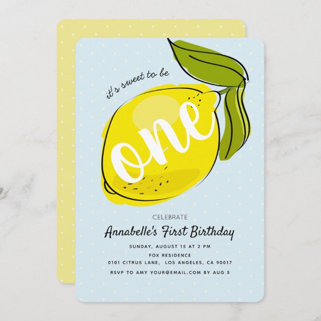 Cute Lemon 1st Birthday Baby Blue Party Invitation (Front/Back)