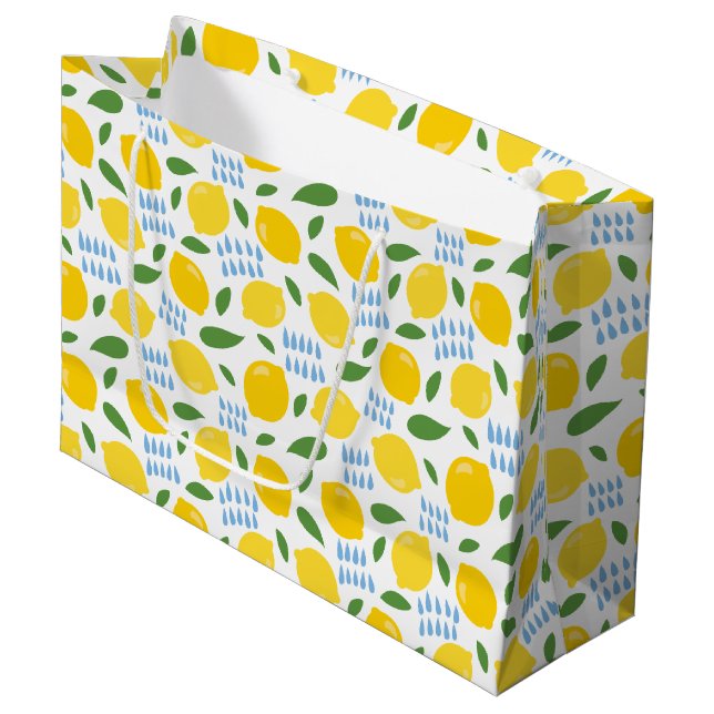 Cute lemon and green leaves pattern large gift bag (Front Angled)