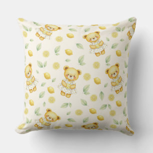 Cute Lemon Bear and Lemonade Seamless Pattern Throw Pillow